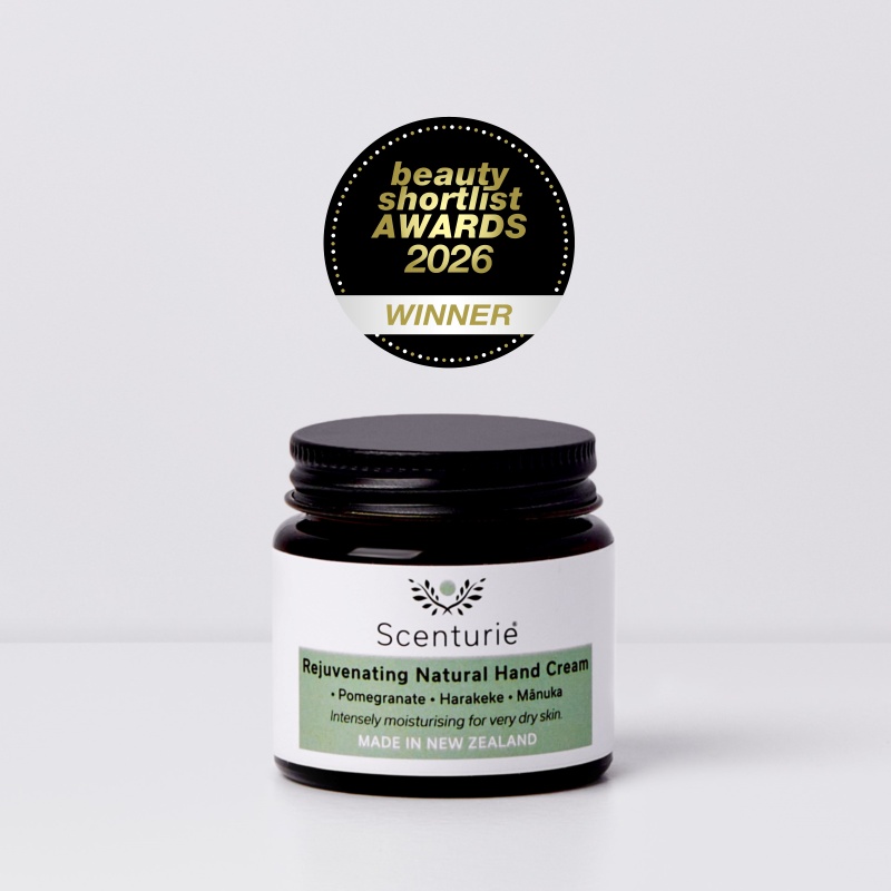 Scenturie Rejuvenating Natural Hand Cream in amber glass jar with 2026 International Beauty Shortlist Double Gold Winner logo. NZ made intensive repair for dry, mature hands.