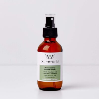 Scenturie Replenishing Natural Face Toner 100mL amber glass spray bottle featuring NZ Kawakawa, Pōhutukawa, and Hyaluronic Acid for sensitive skin.