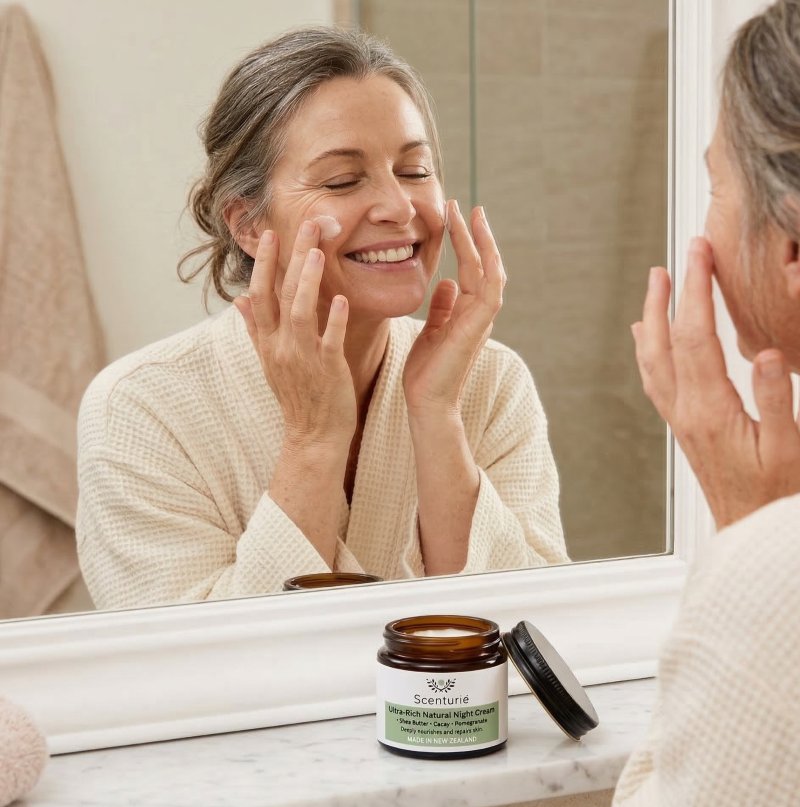 A smiling middle-aged woman in a cream robe applying Scenturie Ultra-Rich Natural Night Cream to her face in a bathroom mirror, with the open amber glass jar and black lid on the marble counter.