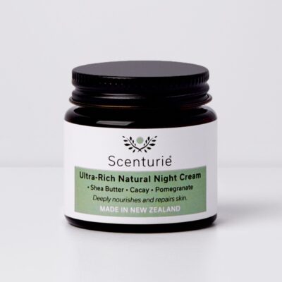 Scenturie Ultra-Rich Natural Night Cream in its 60ml amber glass jar with a plastic-free aluminium lid.