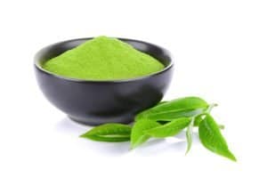 Green tea powder and leaf isolated