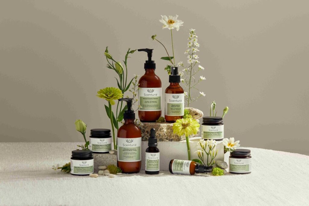 Scenturie Women’s natural skincare collection in premium amber glass packaging, featuring 9 category winners from the 2026 International Beauty Shortlist Awards. Displayed with Beauty Shortlist and Eco-Winner logos highlighting the Super Boost Bakuchiol Serum, Nourishing Natural Day Cream, Ultra-Rich Night Cream, and Rejuvenating Natural Hand Cream for best plastic-free products.