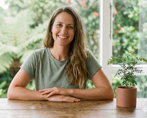 A woman in a sunlit New Zealand garden, illustrating a simple and empowering approach to sustainable living in Aotearoa.