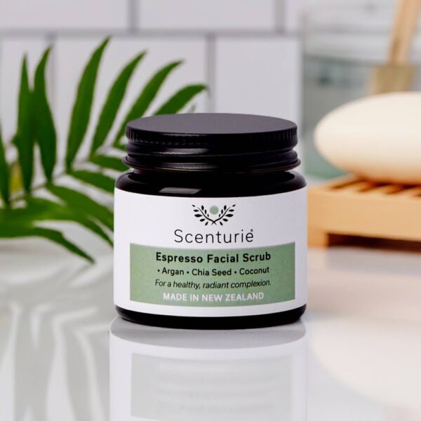 espresso facial scrub in bathroom