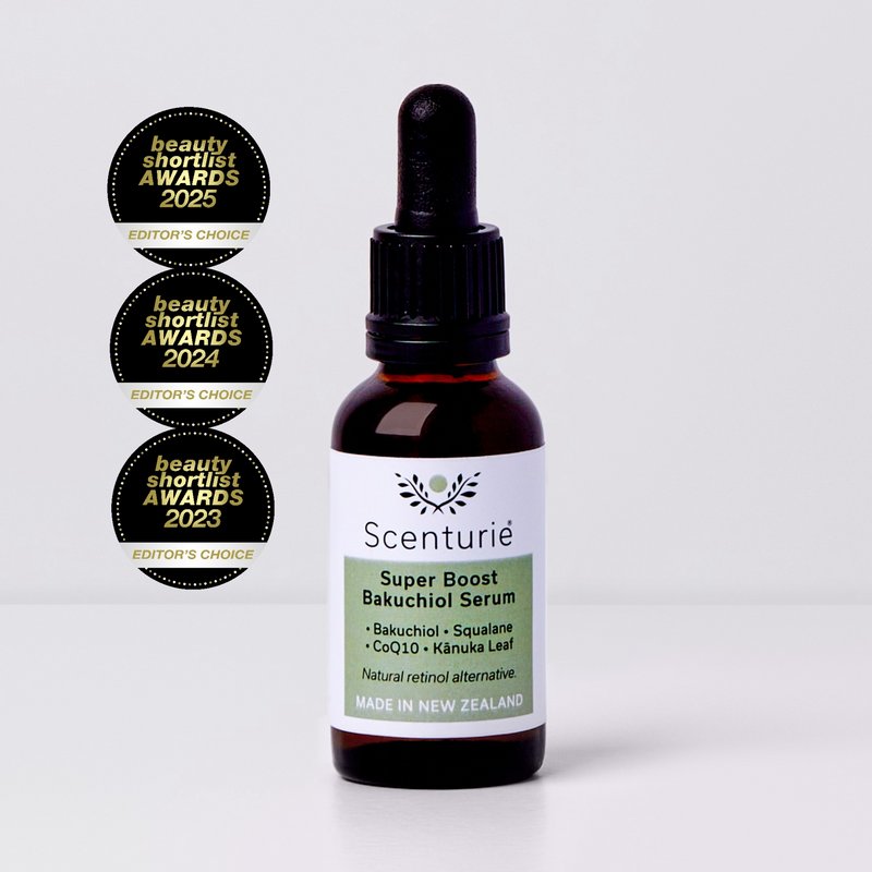 'Editor's Choice' award logos from the 2025, 2024, and 2023 Beauty Shortlist Awards for Scenturie's Bakuchiol Serum.