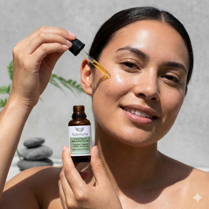 A model applying drops of Scenturie Super Boost Bakuchiol Serum to her face with a glass dropper, showcasing the CoQ10 and Kānuka Leaf formula made in New Zealand.