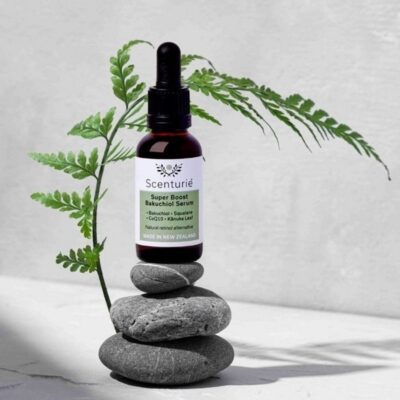 Scenturie Super Boost Bakuchiol Serum in its 30ml amber glass bottle with a black dropper.