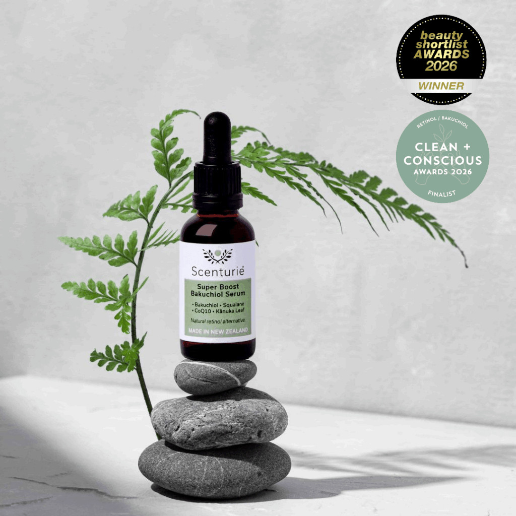 Scenturie Super Boost Bakuchiol Serum 30ml alongside 2026 Global Winner and Clean and Conscious Finalist award logos for best natural retinol alternative.