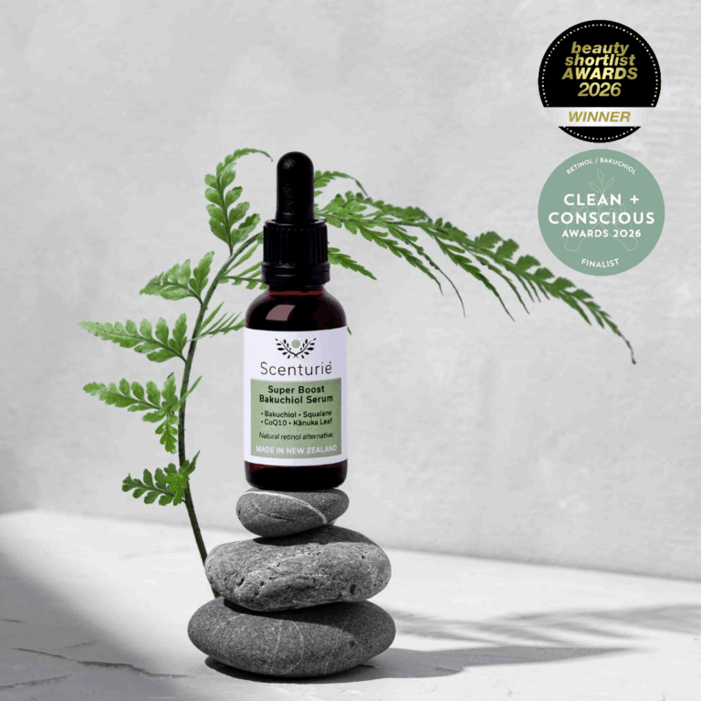 Scenturie Super Boost Bakuchiol Serum 30ml alongside 2026 Global Winner and Clean and Conscious Finalist award logos for best natural retinol alternative.