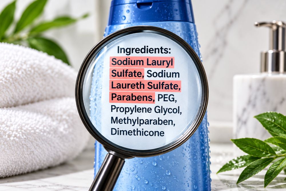 Magnifying-glass-checking-skincare-label-for-parabens-and-sulfates