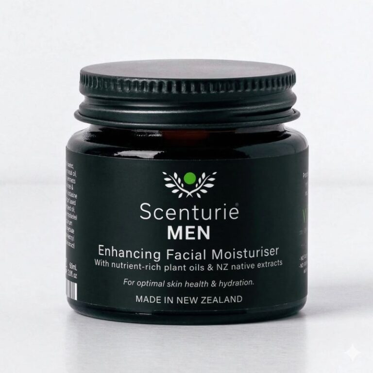 Scenturie Men’s Enhancing Facial Moisturiser in recyclable amber glass - 2026 International Beauty Shortlist winner for Best Men’s Day Moisturiser 2026.