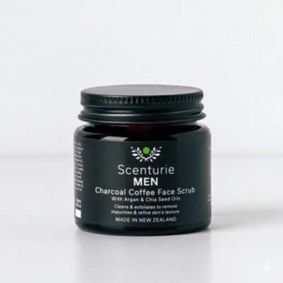 Scenturie Men’s Charcoal & Coffee Face Scrub in recyclable amber glass - 2026 International Beauty Shortlist winner for Best Pre-Shave Product.