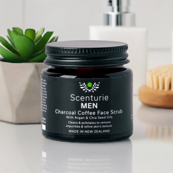 men's facial scrub in bathroom
