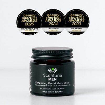 Scenturie Natural Men's Face Cream alongside the 'Best Men's Moisturiser' 3-Time Award Winner logos (2023-2025 Beauty Shortlist Awards).