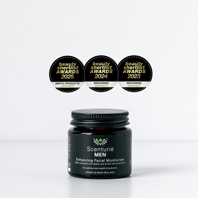 'Best Men's Moisturiser' award logos from the 2025, 2024, and 2023 International Beauty Shortlist Awards.