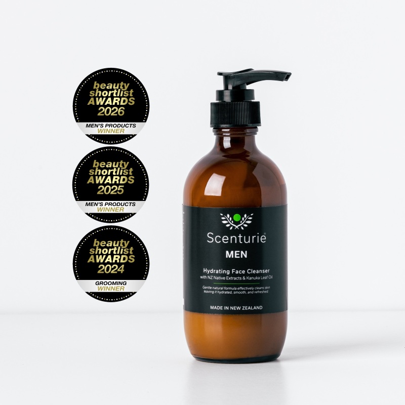 Scenturie Men’s Hydrating Face Cleanser with International Beauty Shortlist Award logos for 3 consecutive years, including 2026 Product of the Year and Best Men's Cleanser 2024, 2025, and 2026