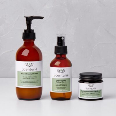 Scenturie's 3-step Skincare Set for Sensitive Skin, showing the Natural Creamy Cleanser, Replenishing Toner, and Natural Day Cream.