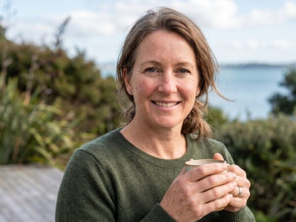 A middle-aged woman with a natural, healthy complexion enjoying the New Zealand outdoors. Her skin shows subtle, authentic signs of sensitivity and maturity, representing the Scenturie pro-ageing philosophy