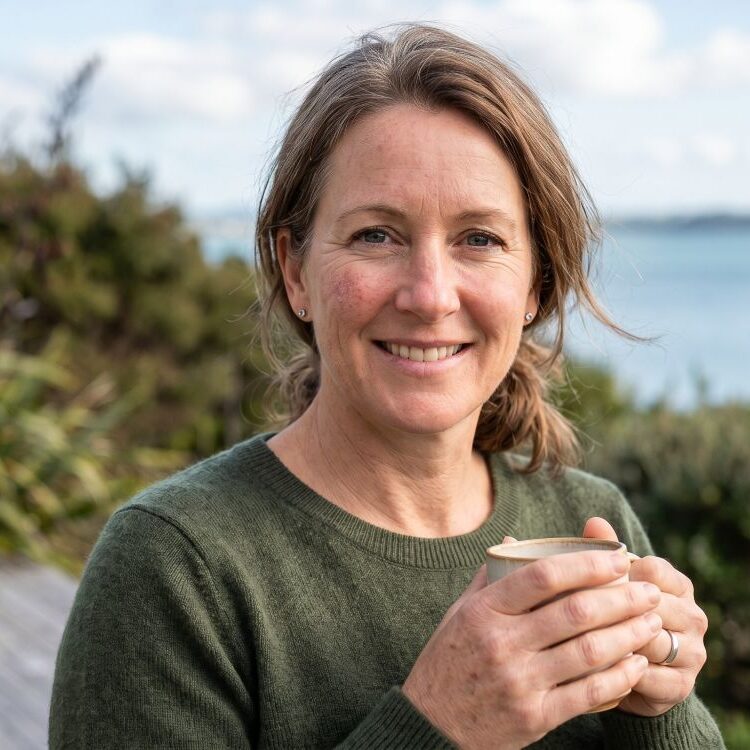 A middle-aged woman with a natural, healthy complexion enjoying the New Zealand outdoors. Her skin shows subtle, authentic signs of sensitivity and maturity, representing the Scenturie pro-ageing philosophy