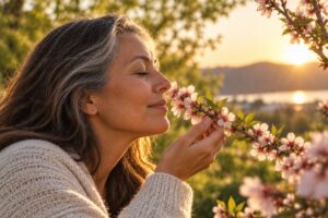 Mature woman with silver-streaked hair and eyes closed, enjoying the scent of delicate spring blossoms in warm golden-hour sunlight, evoking natural wellbeing and relaxation.