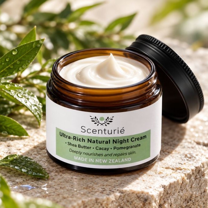 Scenturie ultra-rich natural night cream, an award-winning hydrating botanical face cream in amber glass jar formulated with safe ECOCERT natural preservatives