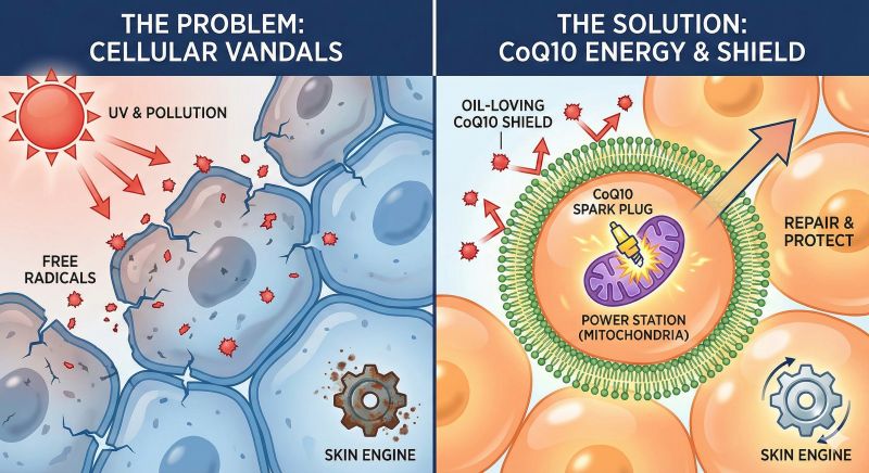 A two-panel scientific infographic titled 'The Science of Skin Energy.' The left panel shows 'Cellular Vandals' (red free radicals) attacking and damaging skin cells. The right panel shows CoQ10 acting as a 'Spark Plug' inside a mitochondria power station to repair the cell, while also forming a protective shield on the cell wall to block further damage.