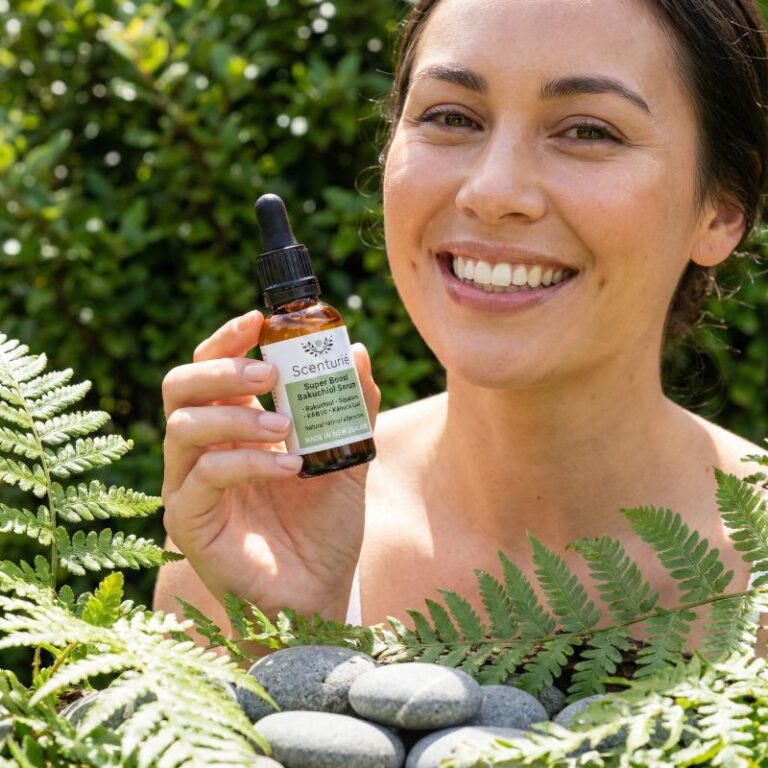Smiling woman holding Scenturie Super Boost Bakuchiol Serum, a natural retinol alternative enriched with Coenzyme Q10 for cellular energy and radiant skin.