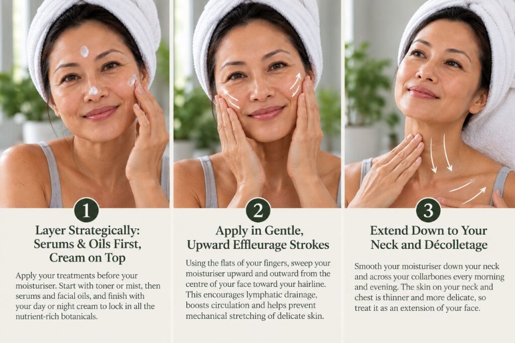 Three-step face moisturising infographic featuring a middle-aged East Asian woman demonstrating skincare layering, gentle upward facial massage strokes, and moisturiser application to the neck and décolletage, in a soft, natural spa setting.