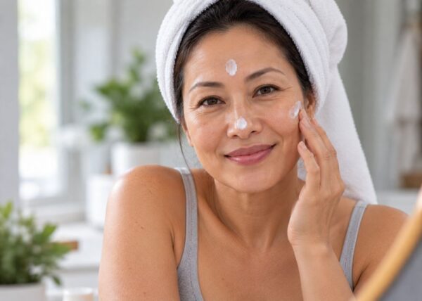 Middle-aged East Asian woman with natural skin texture and fine lines applying moisturiser to her cheek during her daily skincare routine, looking directly at the camera