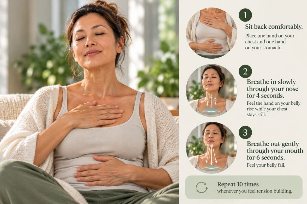 Middle-aged woman demonstrating a two-minute diaphragmatic, belly breathing technique, with one hand on her chest and one on her abdomen, alongside illustrated steps for slow nasal inhalation, gentle mouth exhalation and repeating ten times to encourage relaxation.