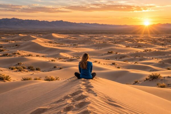 Woman meditating on peaceful desert dunes at sunset, illustrating the connection between stress management, relaxation and healthy skin.