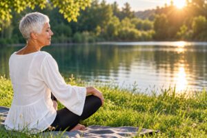 Mature woman with short silver hair meditating beside a tranquil lake at sunset, enjoying a peaceful moment in nature to support relaxation and overall wellbeing.