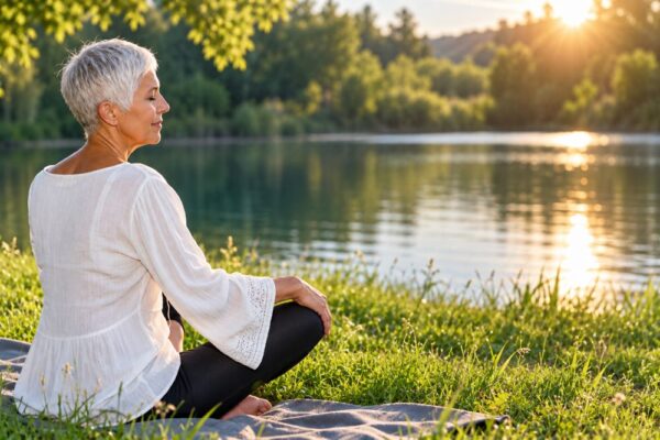 Mature woman with short silver hair meditating beside a tranquil lake at sunset, enjoying a peaceful moment in nature to support relaxation and overall wellbeing.