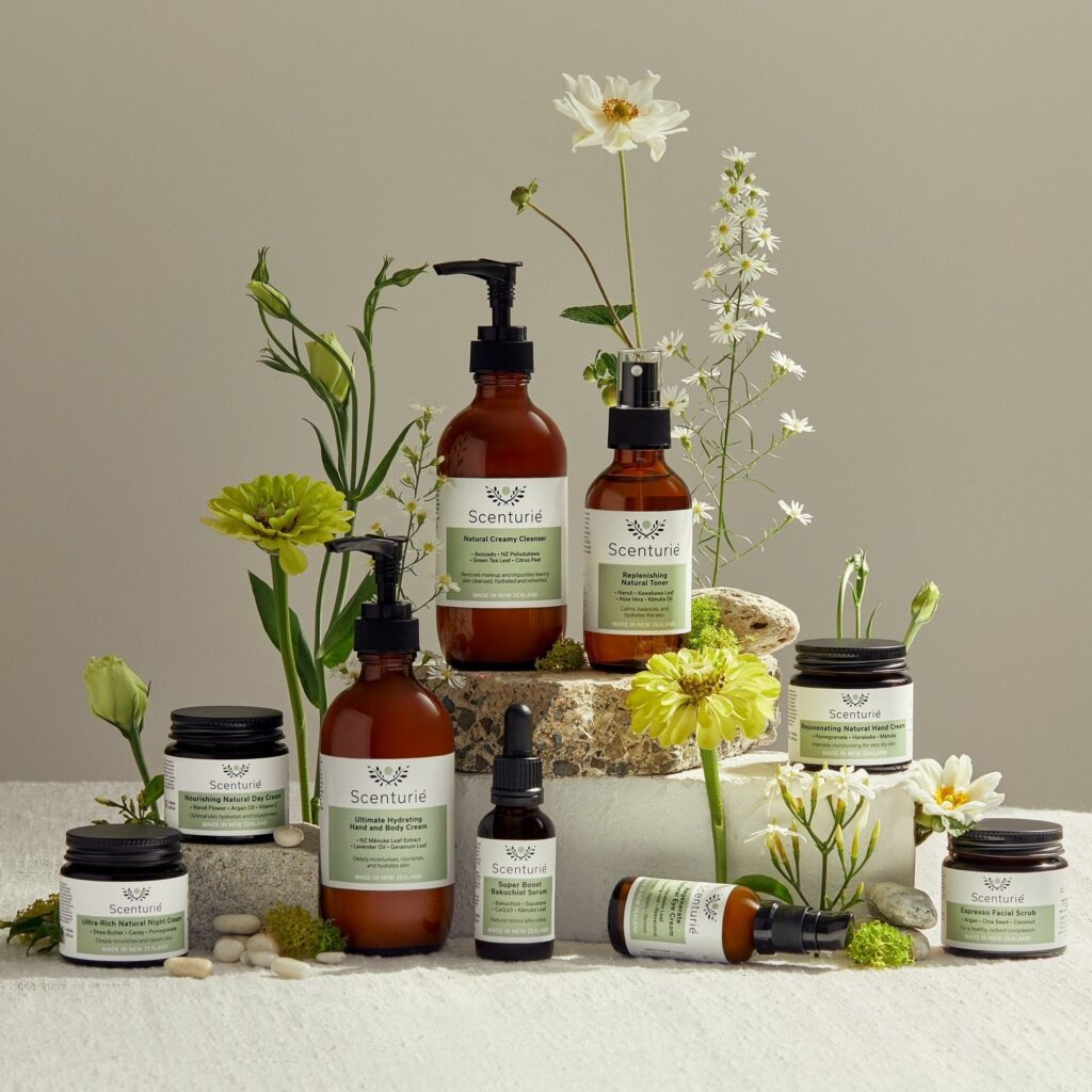 Scenturie Natural Skincare Products together with flowers and leaves
