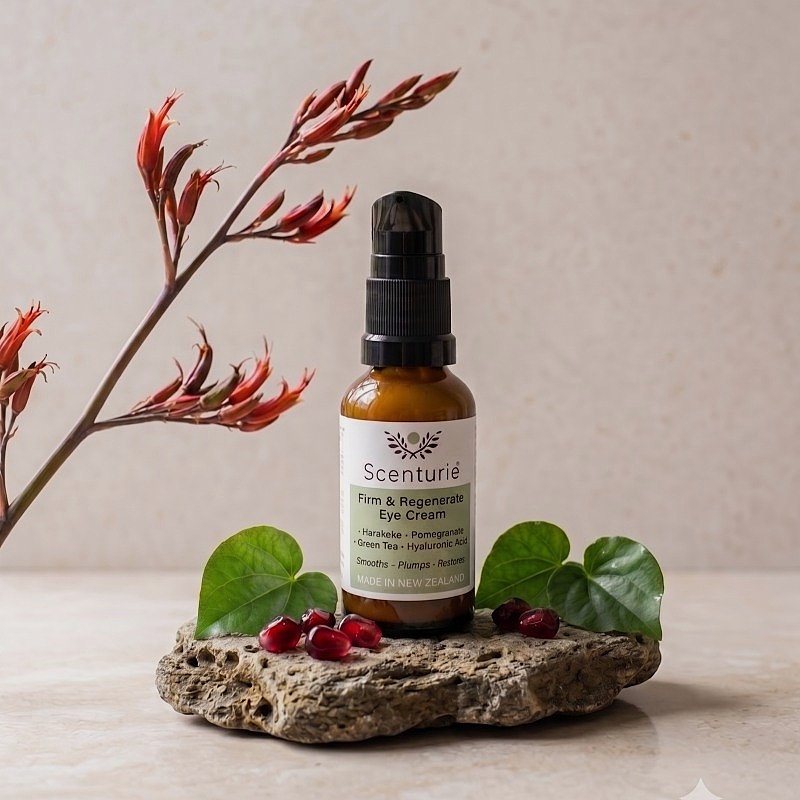 Natural pro-ageing eye cream for sensitive skin, formulated with botanical actives including Harakeke leaf extract, Pomegranate oil, and Kawakawa, designed to firm and plump the eye contour.