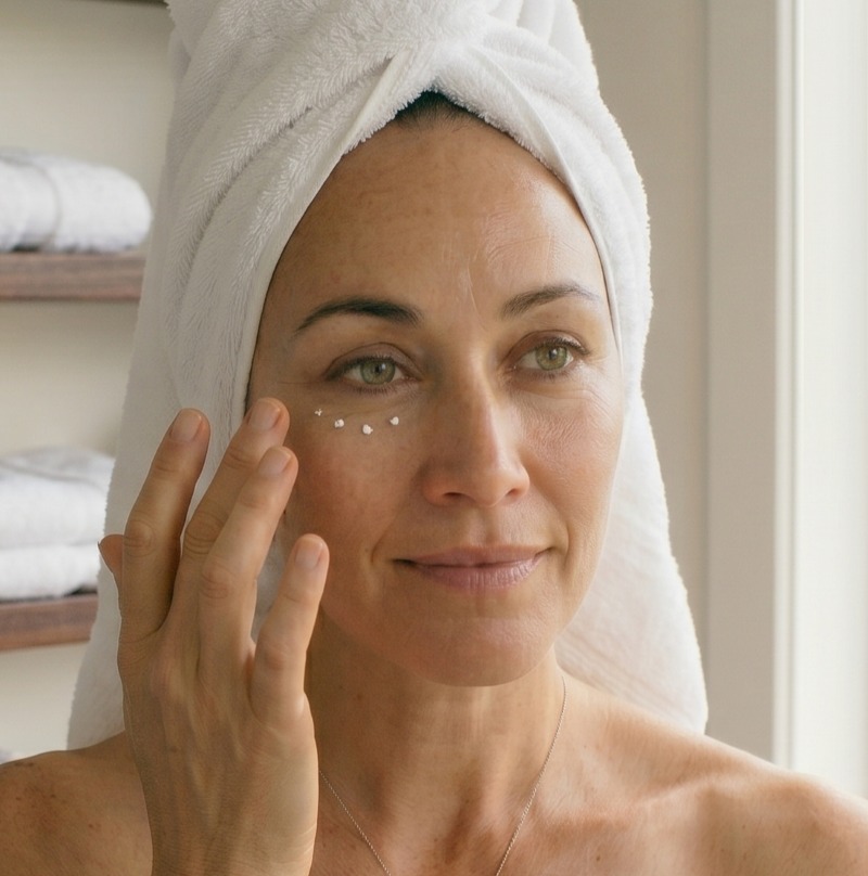 Woman gently applying Scenturie Firm & Regenerate Natural Eye Cream to the delicate under-eye area using her ring finger.