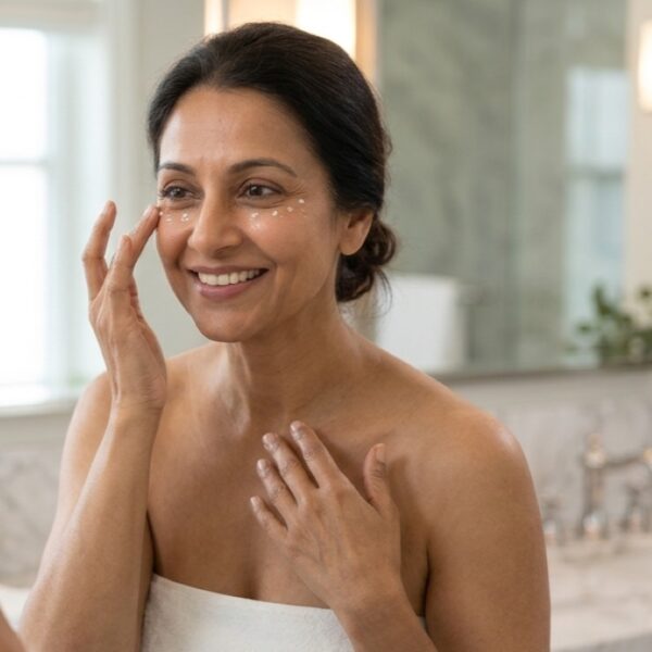Woman in her 40's applying Scenturie's Firm & Regenerate Eye cream to her face