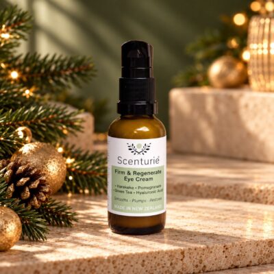 Scenturie Firm & Regenerate Natural Eye cream with christmas themed background