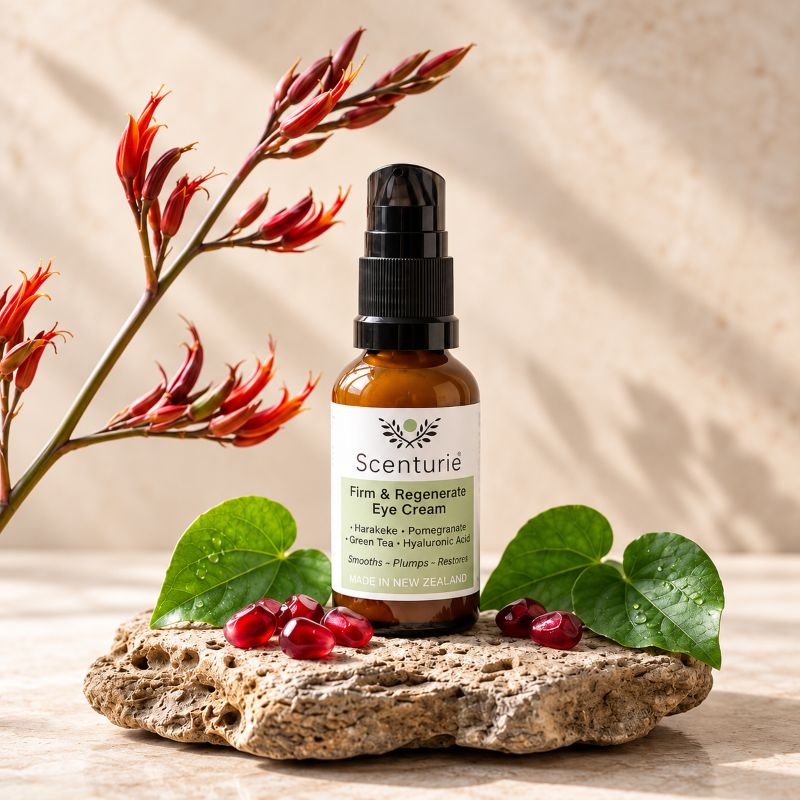 Natural pro-ageing eye cream for sensitive skin, formulated with botanical actives including Harakeke leaf extract, Pomegranate oil, and Kawakawa, designed to firm and plump the eye contour.