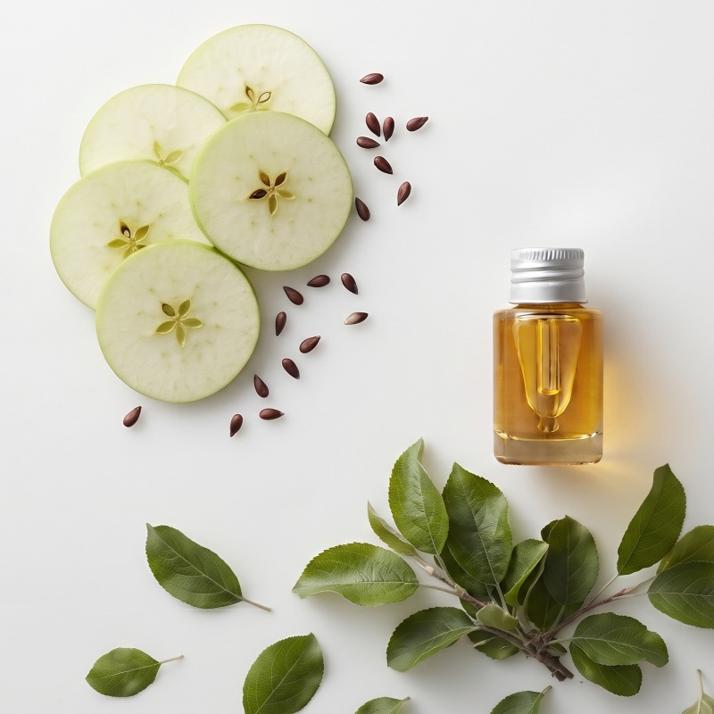 Flatlay showing slices of green apple, apple seeds, and leaves, and a bottle of apple seed oil, a hero ingredient in Scenturie Natural Skincare's Firm & Regenerate Eye Cream.