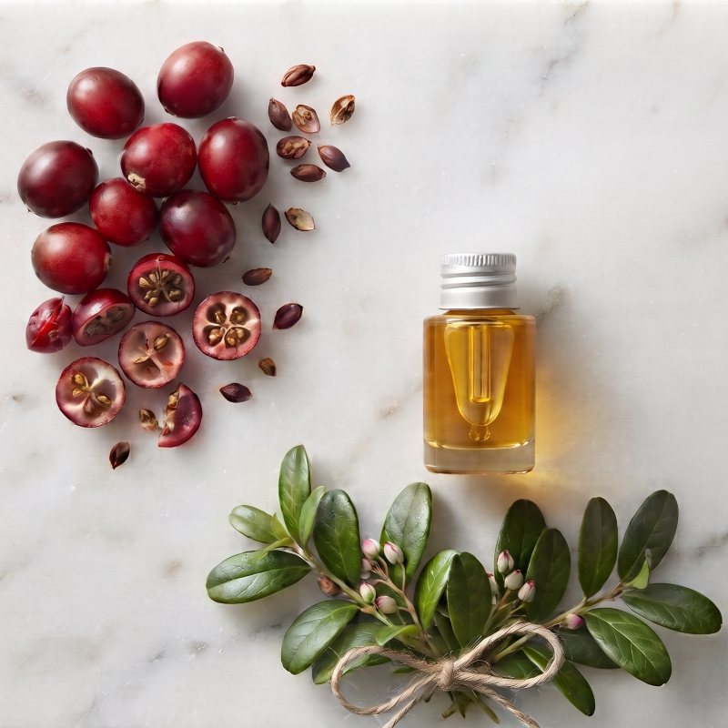 A flatlay showing red cranberries, cranberry leaves, and a small clear bottle of upcycled cranberry seed oil - a hero ingredient in Scenturie Natural Skincare products NZ