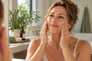 Woman performing an upward facial massage on her cheeks using botanical face oil for a natural lifting effect.