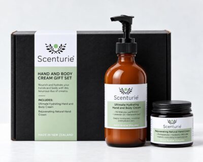 Scenturie natural hand and body cream gift set packaged in a luxury matte black gift box.