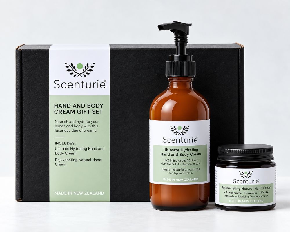 Scenturie natural hand and body cream gift set packaged in a luxury matte black gift box.