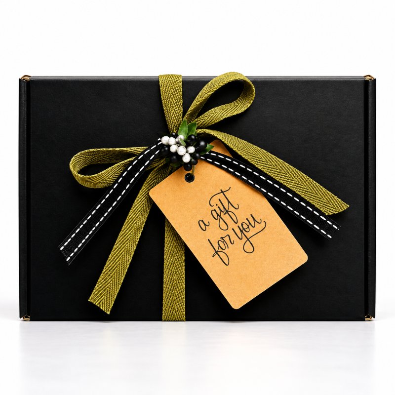 Bespoke Scenturie gift box featuring a hand-written gift tag, signature black matte finish, and sustainable wood wool filling. Personalised natural skincare gifting with free NZ shipping over $99.