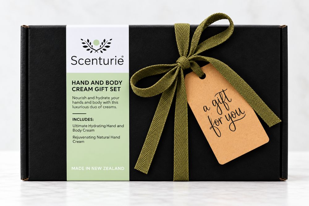 scenturie hand & body cream gift set in a black gift box with gift tag