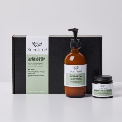 Scenturie Hand and Body Cream Gift Set featuring the 2026 Double Gold Winning Hand Cream and Award-Winning Body Cream. Two full-sized natural skincare products in a luxury black gift box with ribbon. Handcrafted in NZ.