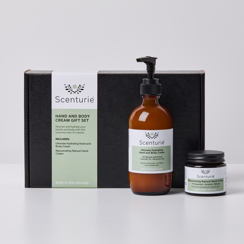 Scenturie Hand and Body Cream Gift Set featuring the 2026 Double Gold Winning Hand Cream and Award-Winning Body Cream. Two full-sized natural skincare products in a luxury black gift box with ribbon. Handcrafted in NZ.