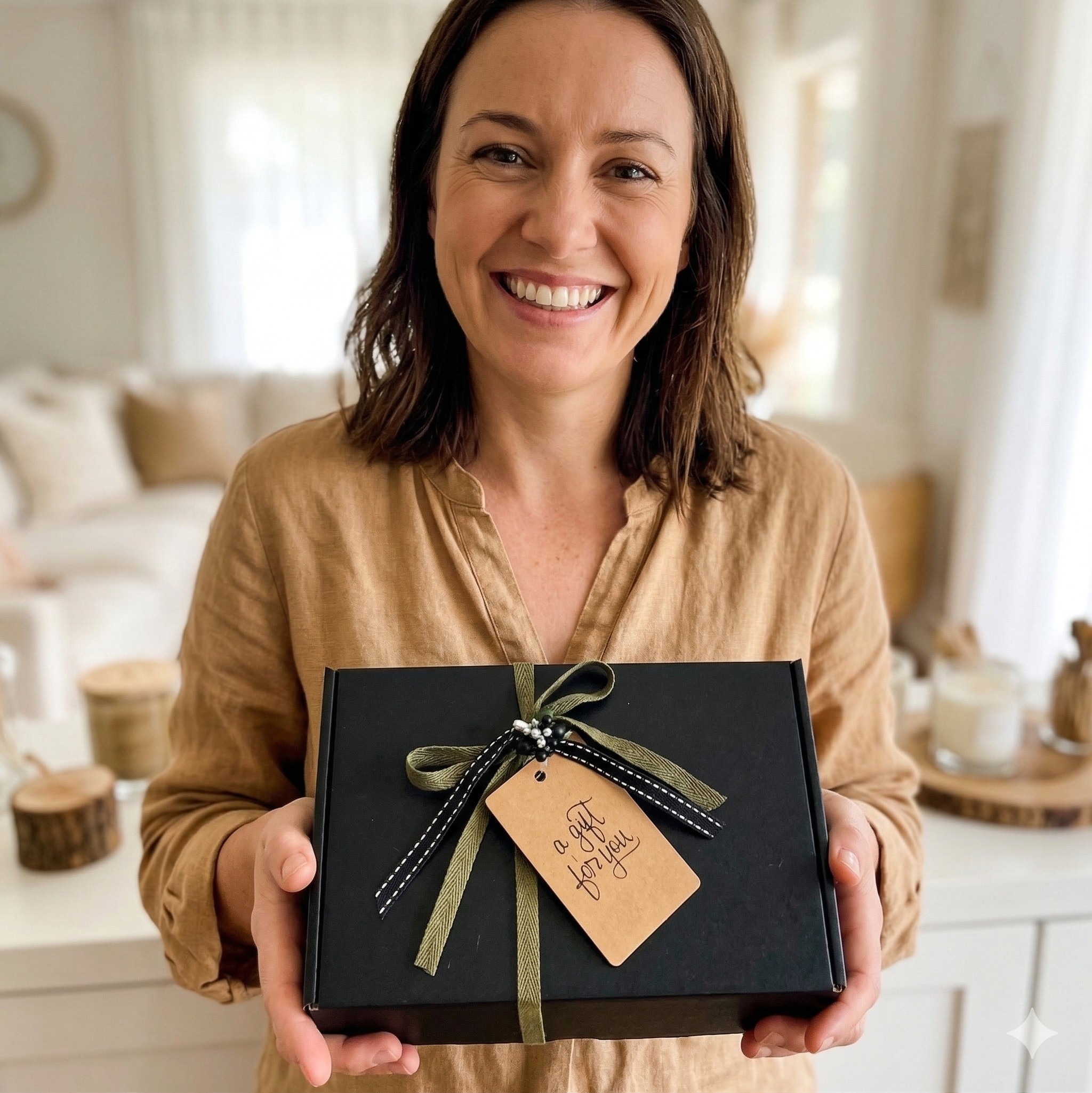 A smiling woman holding a black matte Scenturie gift box with a green ribbon and a hand-written tag that says 'a gift for you'. Professional New Zealand natural skincare gifting service.