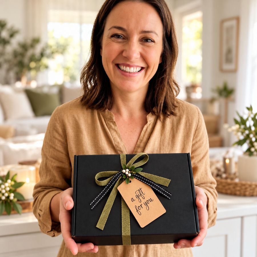 woman holding scenturie natural skincare gift set with christmas themed room